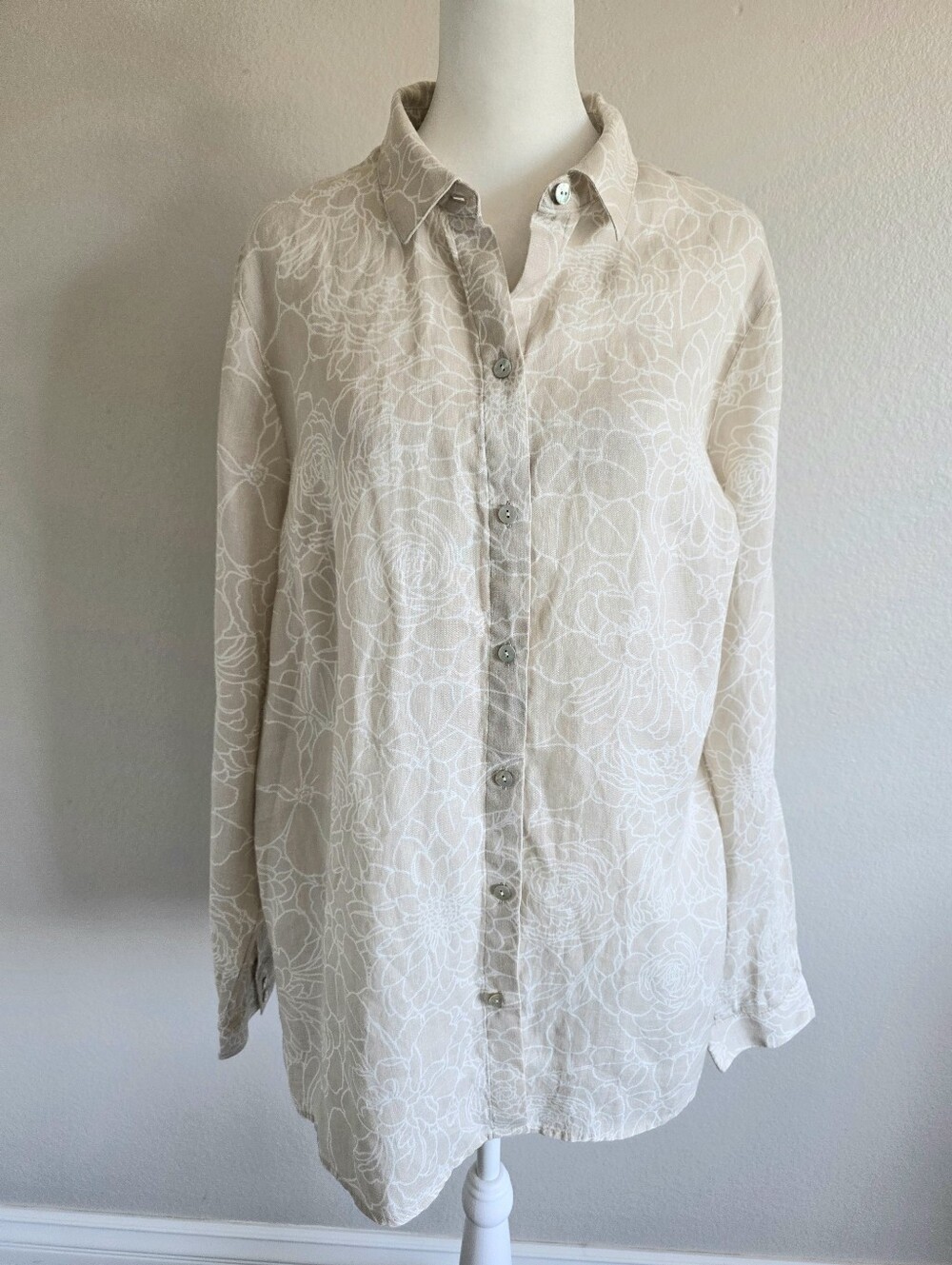 J Jill Love Linen Women Button Up Shirt Size L Tall Tan White Floral Long Sleeve